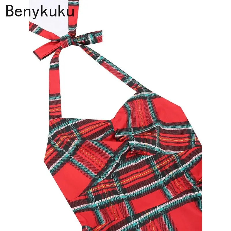 ชุดเดรสวินเทจลายสก็อตแดงแบบผูกคอ ยุค 1950s ปี 2025 สำหรับผู้หญิง ชุดเดรสเปิดหลังรัดรูป ชุดคริสต์มาส ชุดเดรสทรงสวิงสำหรับงานพรอมและงานปาร์ตี้