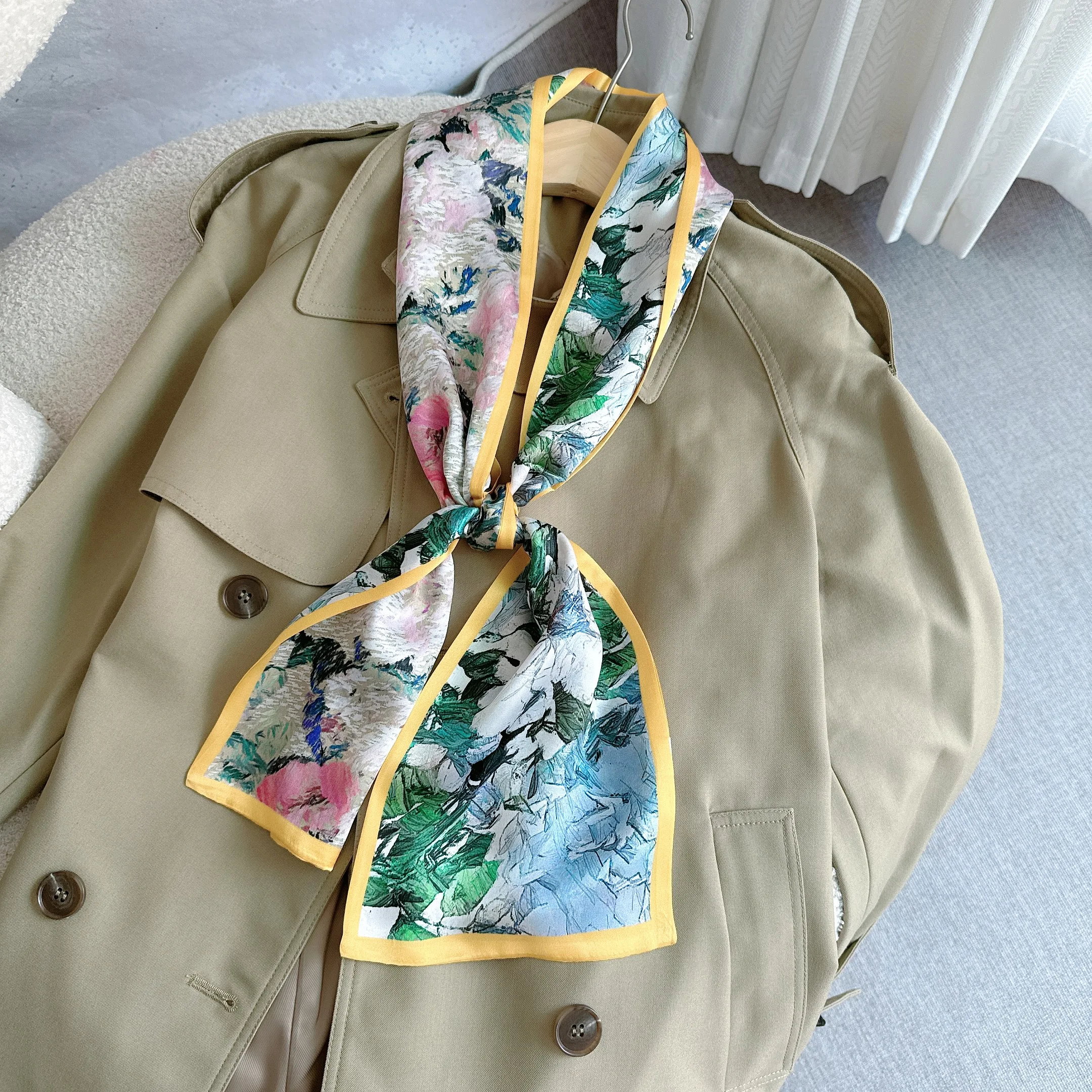 

Роскошный дизайн, брендовый длинный шелковый шарф с цветочным принтом, женская повязка для волос, 100% шелк шелковицы, новинка 2025, лента для волос, лента для сумки