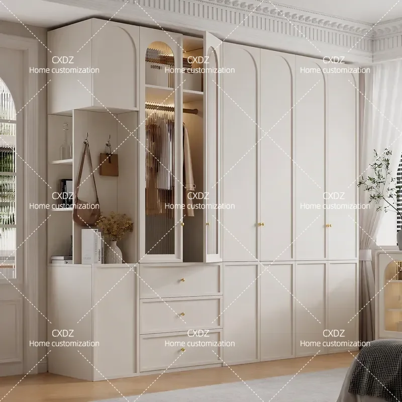 Cream Style Bone Line Wardrobe Eco Friendly Household Storage Cabinet One Piece Top Mounted Finished Wardrobe for Small