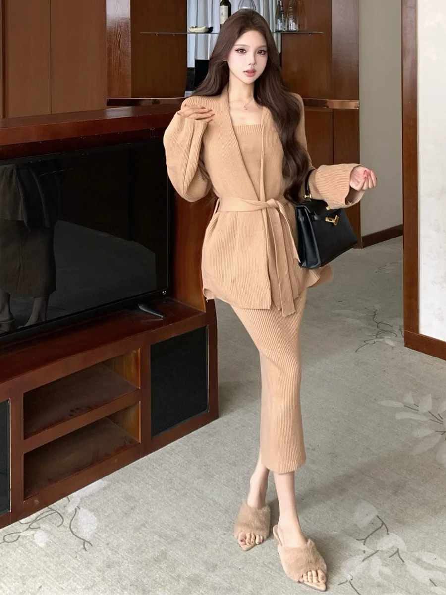 Autumn Winter Vintage Soft Knitted Sweater Coat High Waist Inner Wear Tank Top Long Skirt Three Piece Set Women's Fashion Ens...