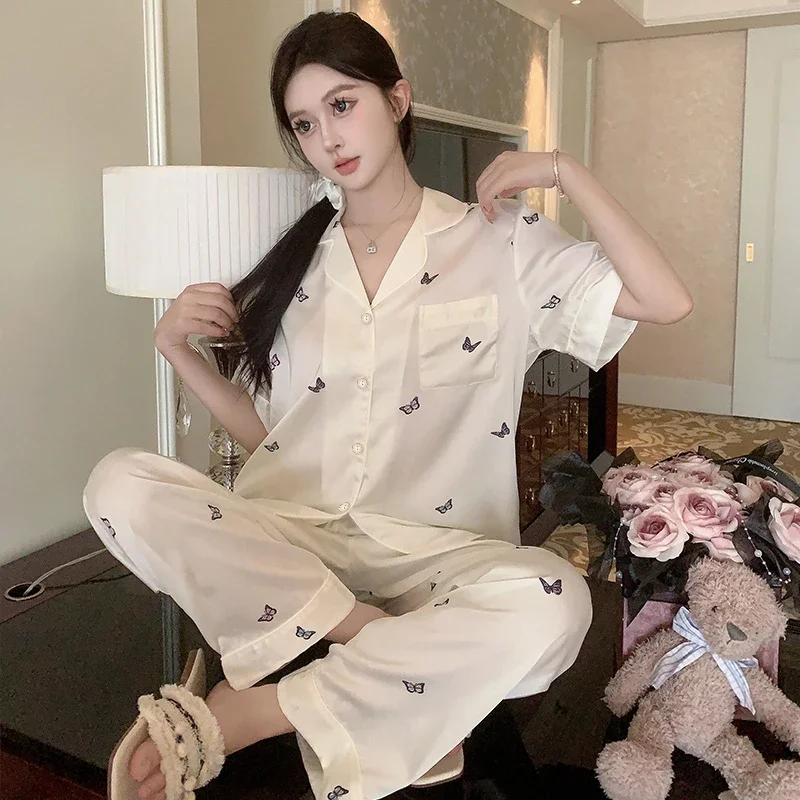 

French Romantic Lethargic Style Art Butterfly Women Pajamas Elegant Short Sleeve+pant Sleepwear 2024 New Y2k Summer Home Lounges