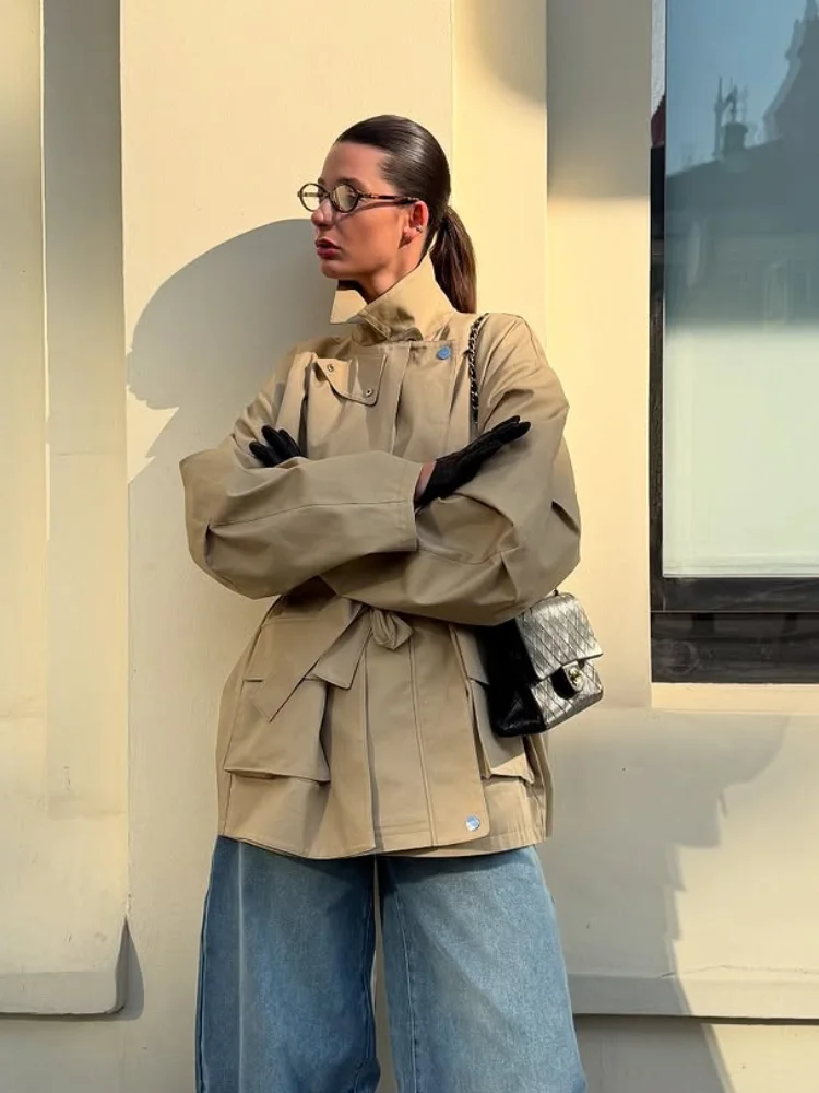 واحدة الصدر الكاكي حزام خندق معطف المرأة أنيقة التلبيب طويلة الأكمام جيوب سترة واقية سترة الخريف سيدة اليومية الشارع سترة #3