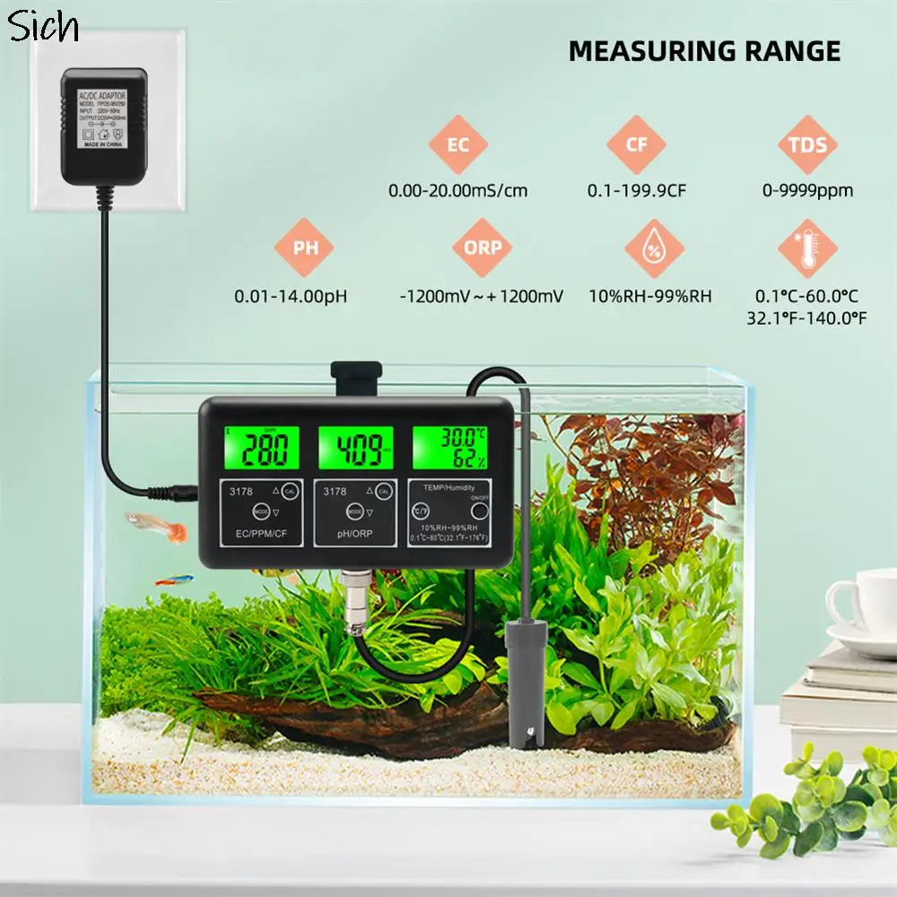 7 in 1 Digital PH Meter Humidity Temp ORP TDS EC CF Tester Water Quality Purity Tester Device Monitor for Aquarium Pool