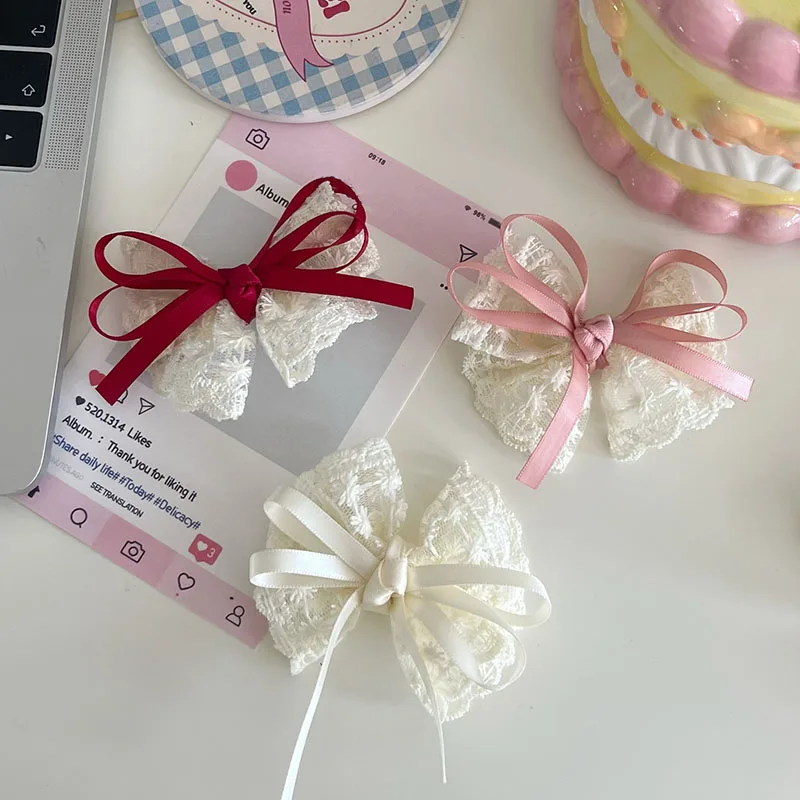 Horquillas con lazo de encaje francés para niña, cinta larga blanca, tocado de Lolita para niños, pinzas para el cabello dulces coreanas, accesorios para el cabello para niños