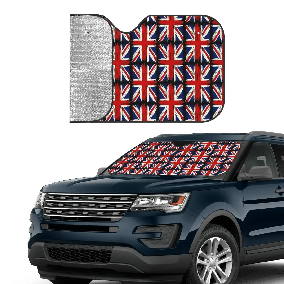 UK Flag Sherpa Plaid Sunshade Windscreen Collage Novelty Car Front Window Visor 76x140cm Car Sunshade Heat Reflector