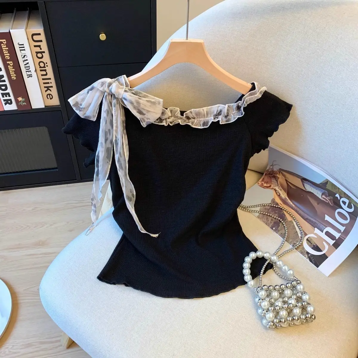 Summer women's new girl's style slim-fit French streamer ruffle edge splicing diagonal collar short-sleeved T-shirt