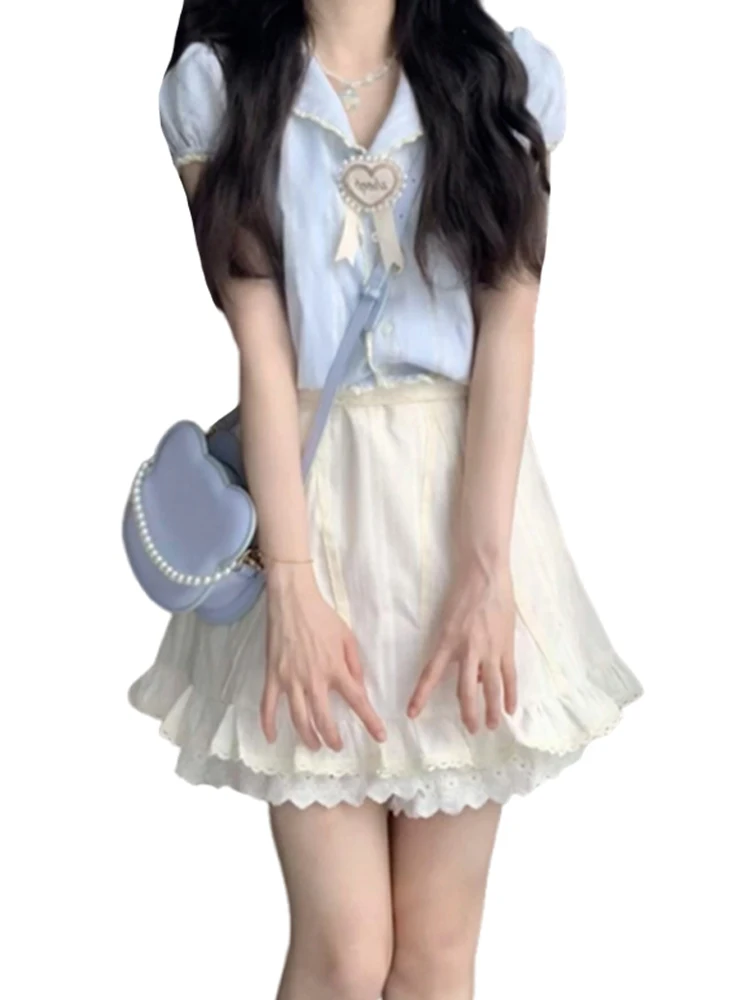 Bleu ort Sve irt Dr Femmes Été Nouveau sentiment haut de gamme Clete Ensemble jupe ort Coréenne Sle Taille haute Polyester...