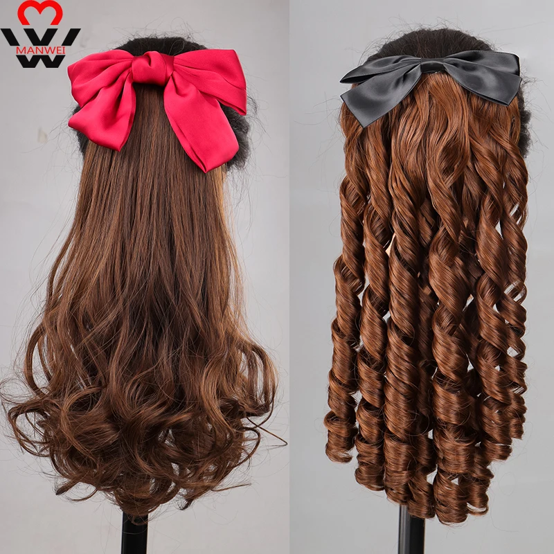 MANWEI Synthetic Ponytail With Black Red Bows Knot Hair Extensions Natural Color Brown Girls Cute Fake Ponytail For Kids Girls