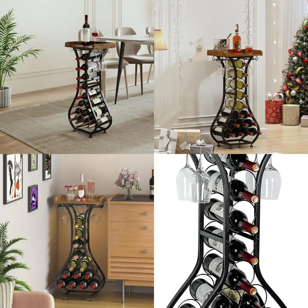 Floor Standing Mini Bar with 14-Bottle Wine Rack and Glass Holder for Home Bar, Kitchen, Living Room