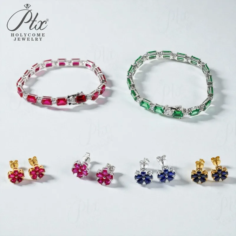 

Five-petal Earrings&Tennis Bracelet with Water Drop or Emerald Lab Grown Gemstones for Girls Ear Studs Unisex Bracelet Daily