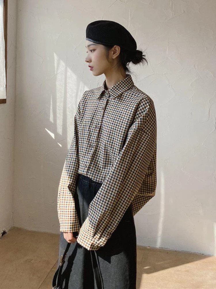 Jmprs Vintage Plaid Shirt Women Elegant Preppy Style Simple Blouse Korean Loose Long Sleeve Sweet Female Retro Harajuku Tops New