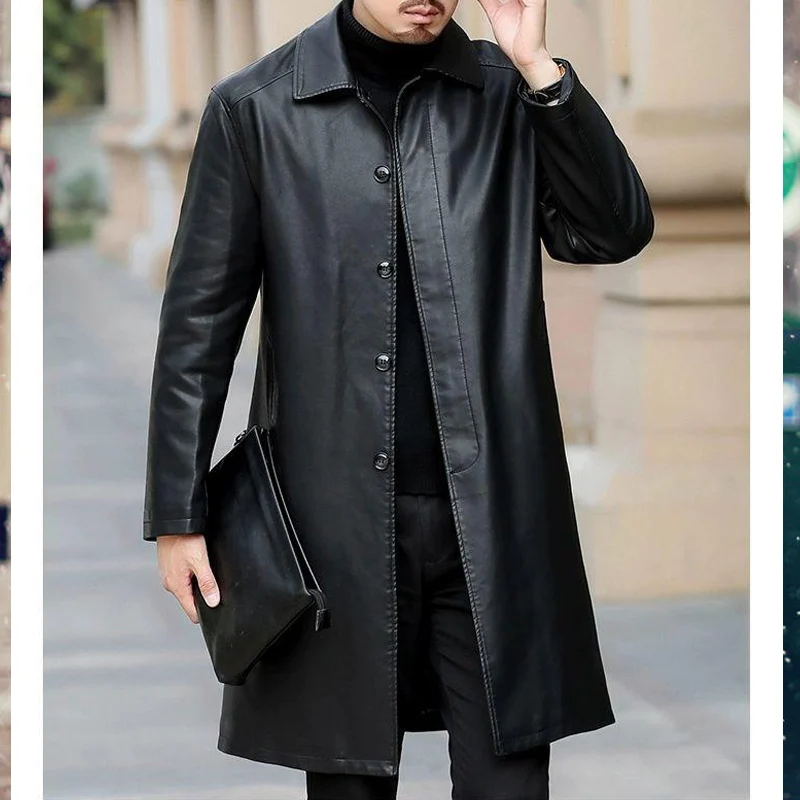 New Trench Coats Men Leather Trench Coat Casaco Masculino X-Long Trench Jackets  Fashion Trench Outerwear Coat Jaqueta Masculina