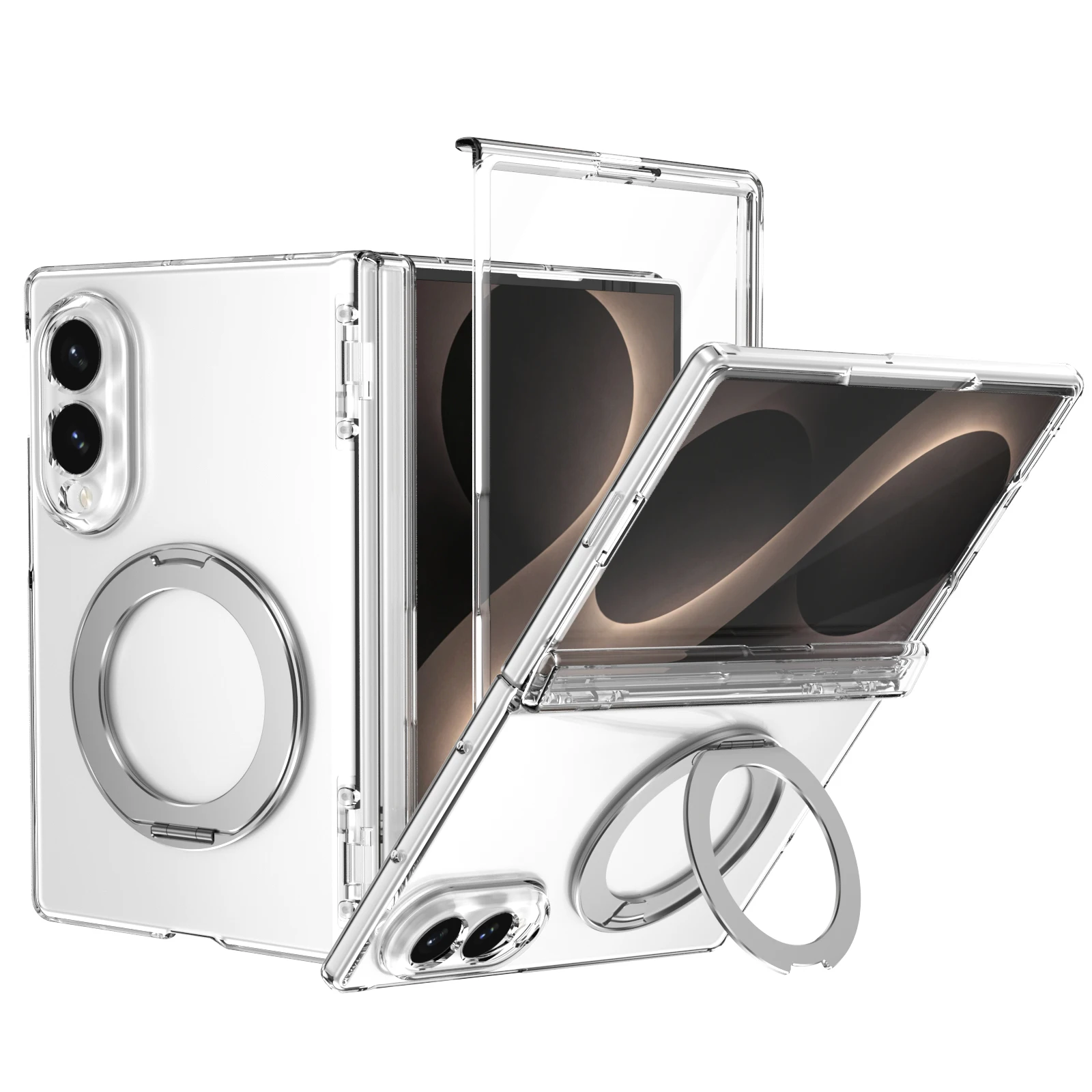 For Samsung Galaxy Z Fold 8 Case Transparent Magnetic Rotating Holder Hinge With Tempered Glass Shockproof Back Case Accessories