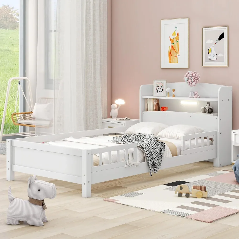

Twin Bed Frame with Rails for Kids, Wood Low Platform Beds with Storage Headboard & LED Light and Slat Support for Boys Girls Te