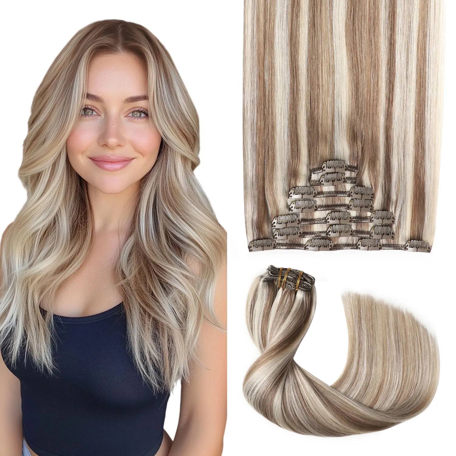 Extensions à clipser Sweetmet Pro2.0 en cheveux humains, 120g, épaisses, 7 pièces # Extensions de cheveux humains Remy blond platine brun clair 8p60, à clipser, 35cm-55cm, tissu double maille sans couture pour femmes