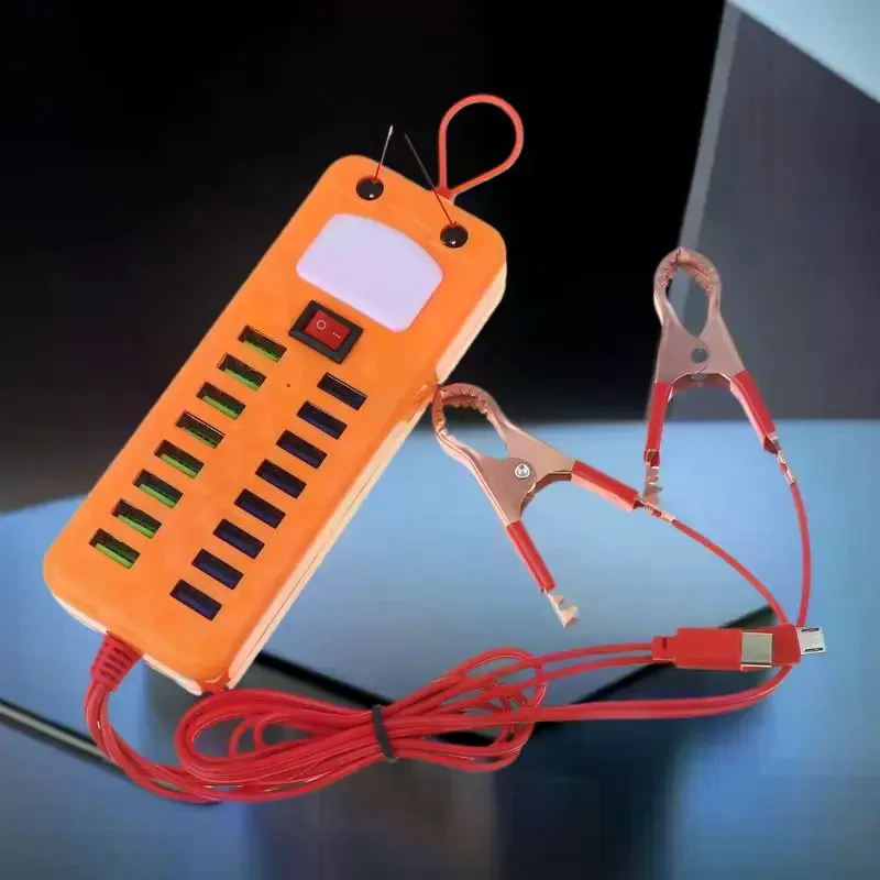 Top-Performance 12V 24V to 5V, 3.4A, 16-USB Port Adapter, Comes with a Battery Clip for Emergency Phone Recharging