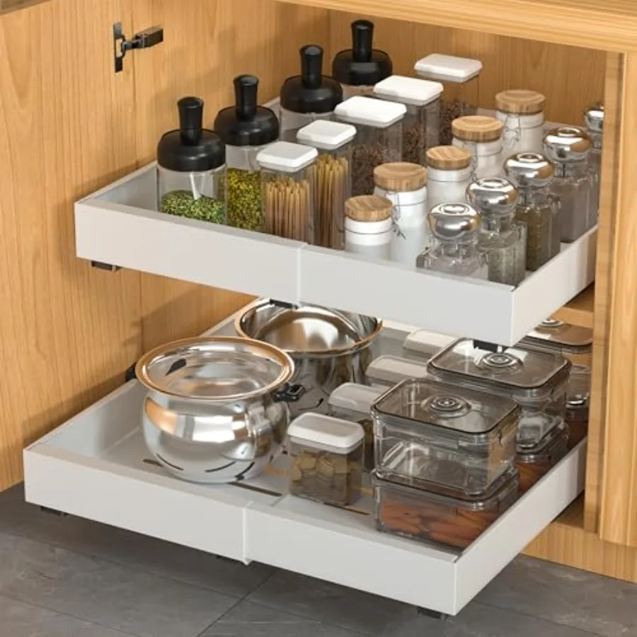 2 Pack Pull Out Cabinet Organizer Expandable Adhesive with Nano Film Pull Out Drawers for Cabinets in Kitchen Pantry or Bathroo