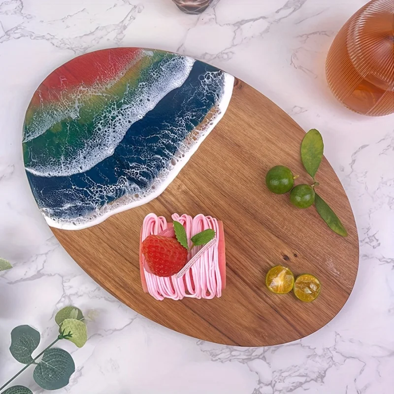 

Ocean Wave Resin Cutting Board, Oval Wooden Slicing Board for Cheese Fruits Vegetables, Food-Safe Decorative Holiday Gift Plate