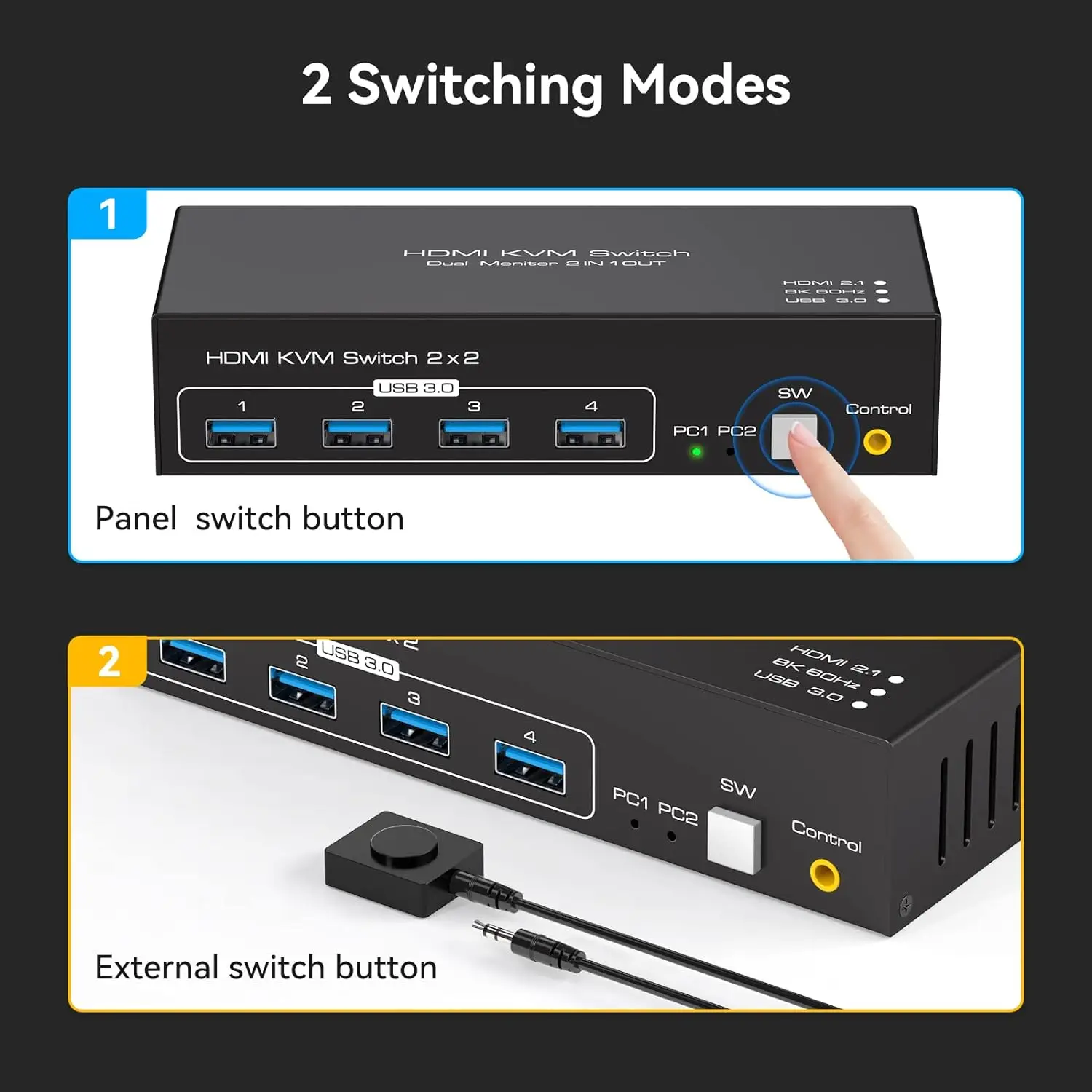 HDMI Dual Monitor KVM Switch, 2 Portas, 4K60Hz, Switcher para 2 Computadores, 2 Monitores com 4 Portas USB 3.0, Suporte Cópia e Extensão