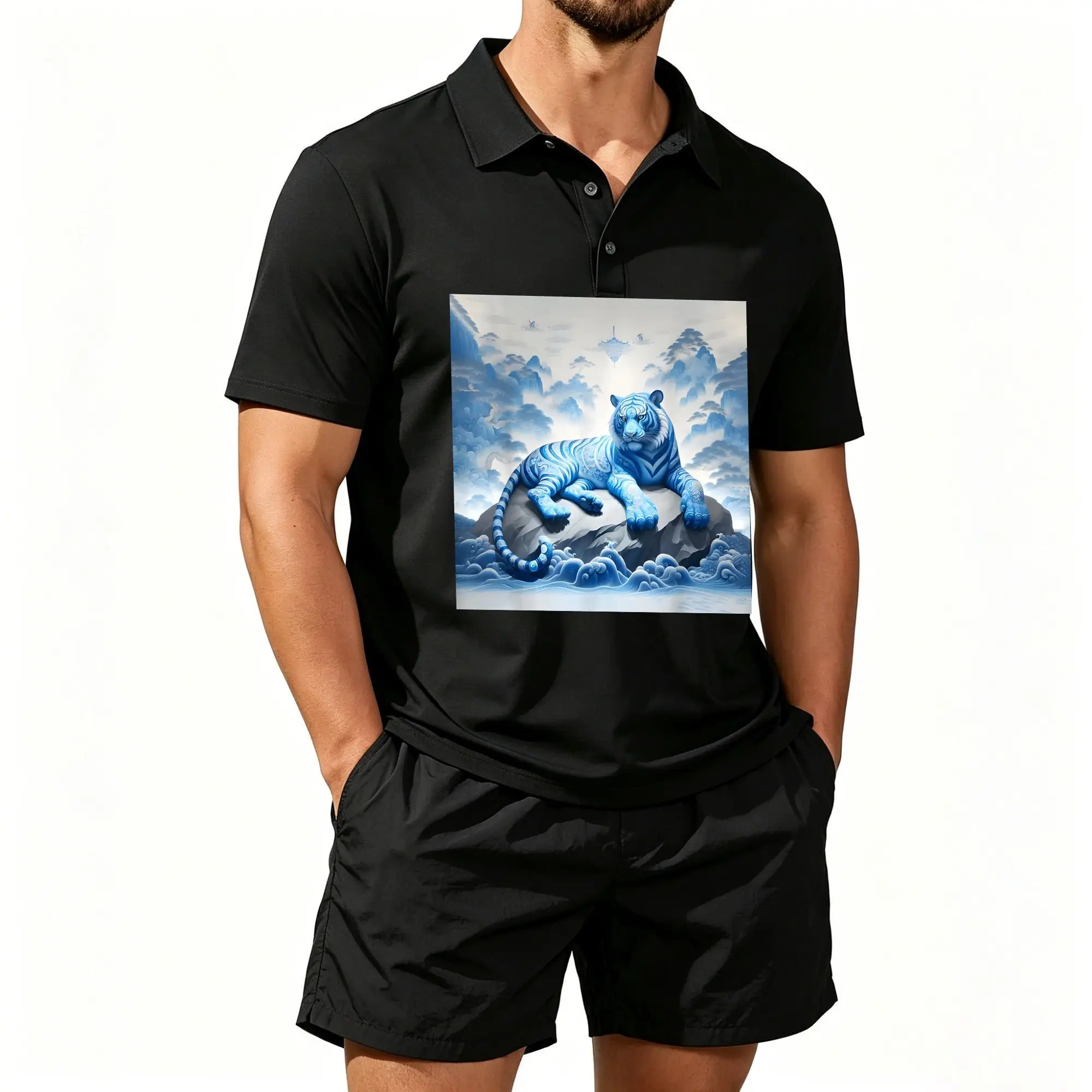 

Men's Short-Sleeved Polo Set, Print: Fantasy Cute Wood Grain Crying Little Object Design, Suitable for Daily Wear and Outdoor Activities, Soft and Breathable Fabric, Machine Washable