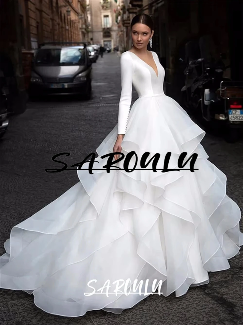 

Organza Draped Ball Gown Wedding Dress Long Sleeves, Elegant V Neck, Backless Bridal Gown Customized Plus Size Bride Dresses