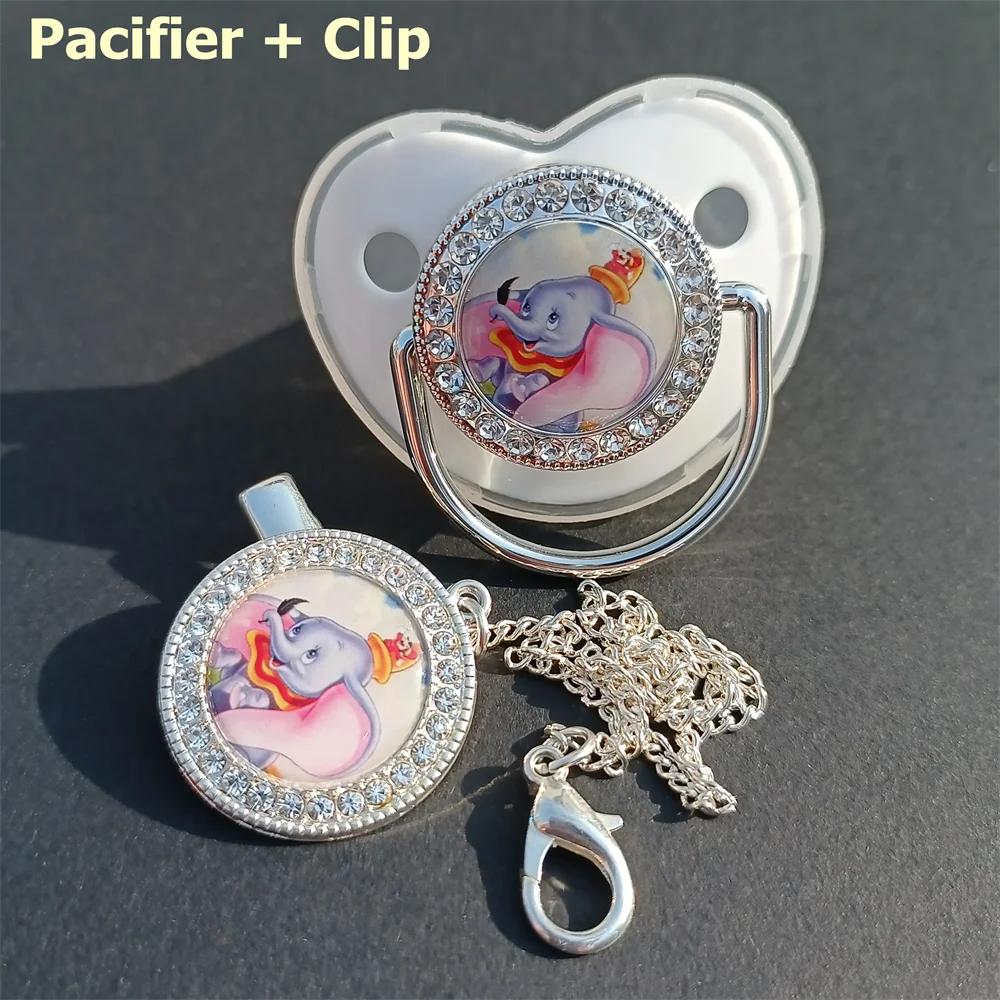 Disney Luxury Pink Pacifier and Soother Holder Dumbo Cartoon Image Infant Nipple Newborn Silicone Chupeteros Bling Silver Dummy