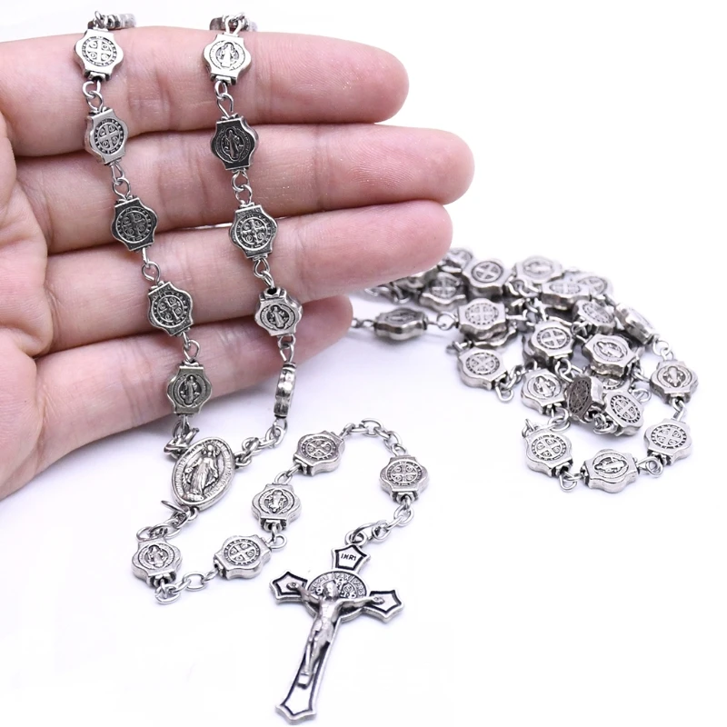 Vintage Saint Benedict Rosary Necklace Jesus Cross Pendant Necklace Prayer Bead Chain Crucifix Church Jewelry Accessories