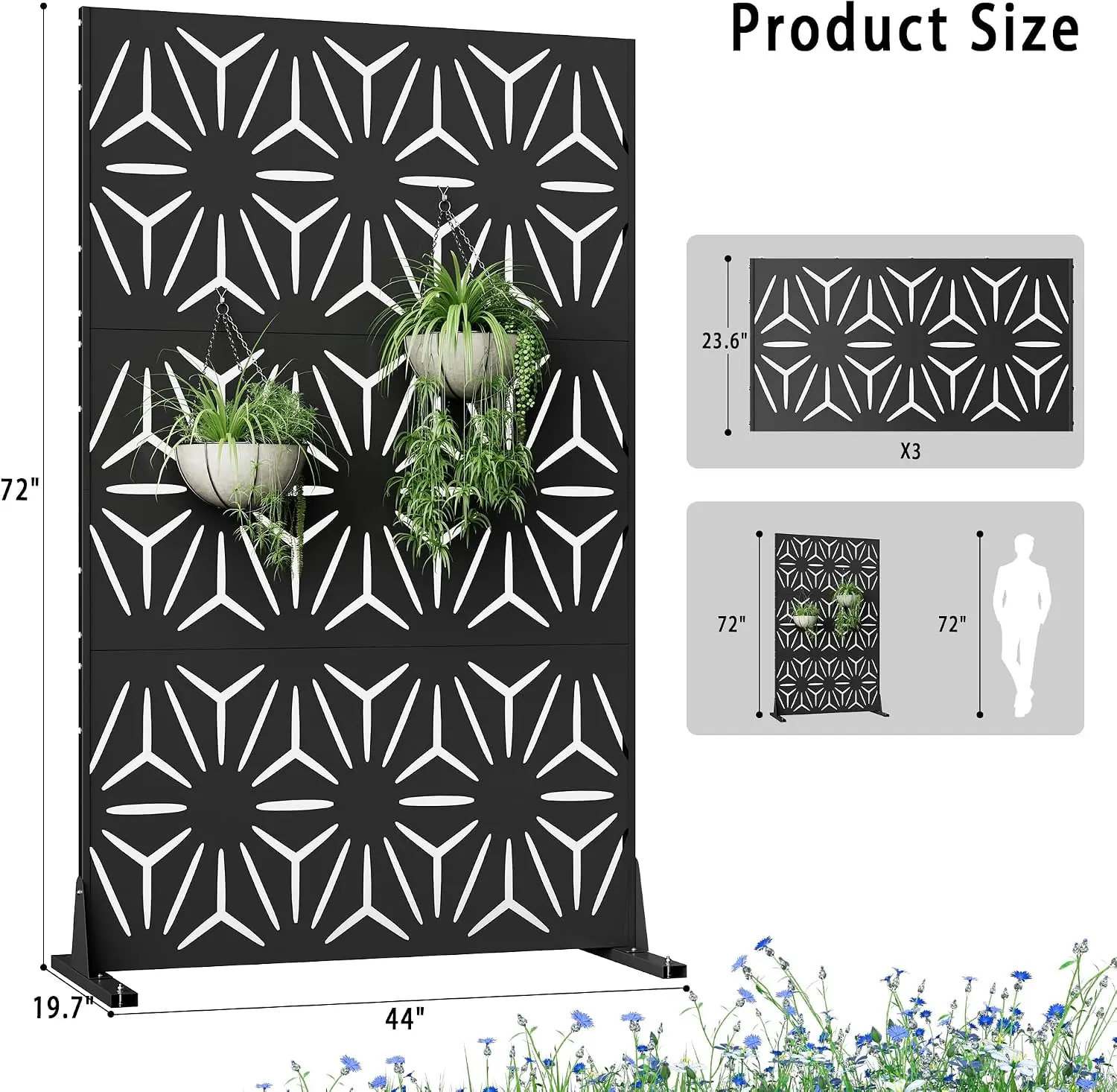 Freestanding Metal Privacy Screen 72 in H X 44 in W, Laser-Cut Galvanized Steel Outdoor Divider for Deck, Balcony, Patio, Garden & Indoor Use view 3