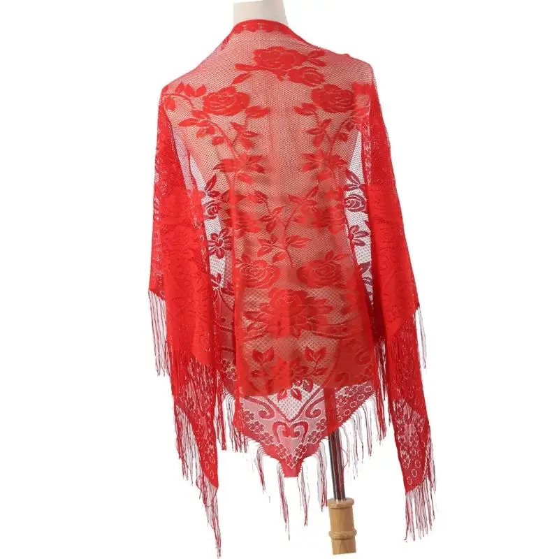 652F Elegante sciarpa in pizzo con nappe, scialle a fiori multiuso per varie occasioni outfit, spallaccio resistente sole