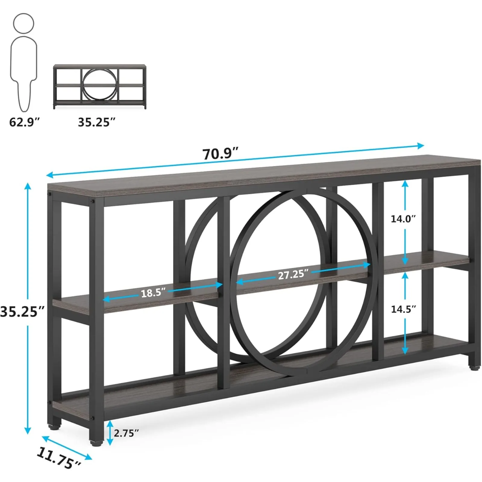 US 70.9 inch Sofa Console Table,Extra Long Narrow Entryway Tables with 3 Tier Wood Storage Shelves Metal Frame for Foyer Hallway