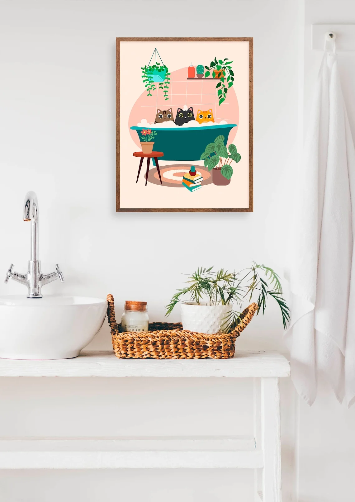 Cozy Bathtub Cats Wall Art - Calm Print Celebrating Feline Relaxation. The Soft Pink Backdrop and Teal Tub Create a Warm, Inviti
