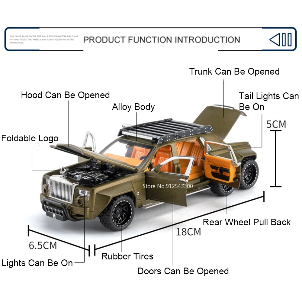 1:32 Phantom 6x6 Wraith Model Samochodu Zabawka Odlew Metalowy Dźwięk Światło Otwierane Drzwi Pojazd Terenowy Modele Kolekcjonerskie Prezenty dla Chłopców