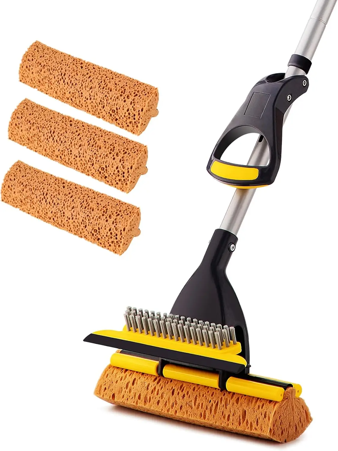 

Adjustable Telescopic Sponge Mop with 3 Heads & Squeegee for Tile Floor Bathroom Garage Cleaning