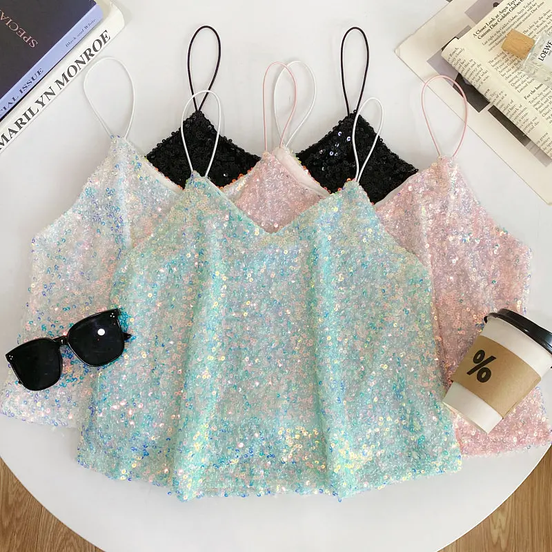 V-neck Squined Vests 2026 Summer New Spicy Girls Color Beautiful Tank Top Personalized Casual Slim Fashion Pullover Tops