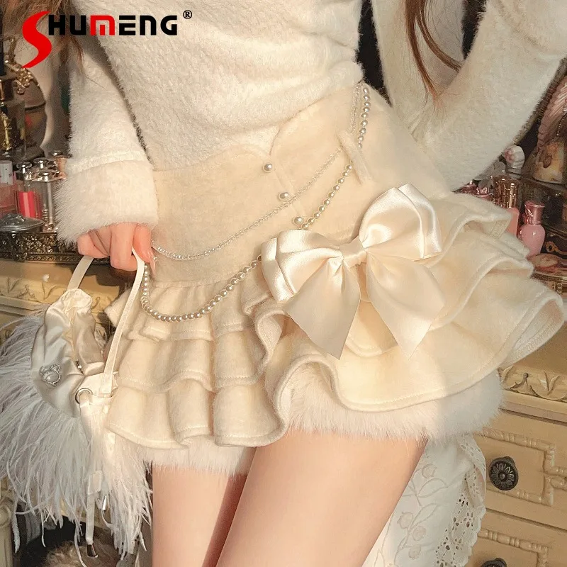 

2024 Autumn And Winter New Women's Red Skirt Japanese Lolita Sweet Cute Velvet 45% Wool Woolen Cake Culottes Short Skirts Female