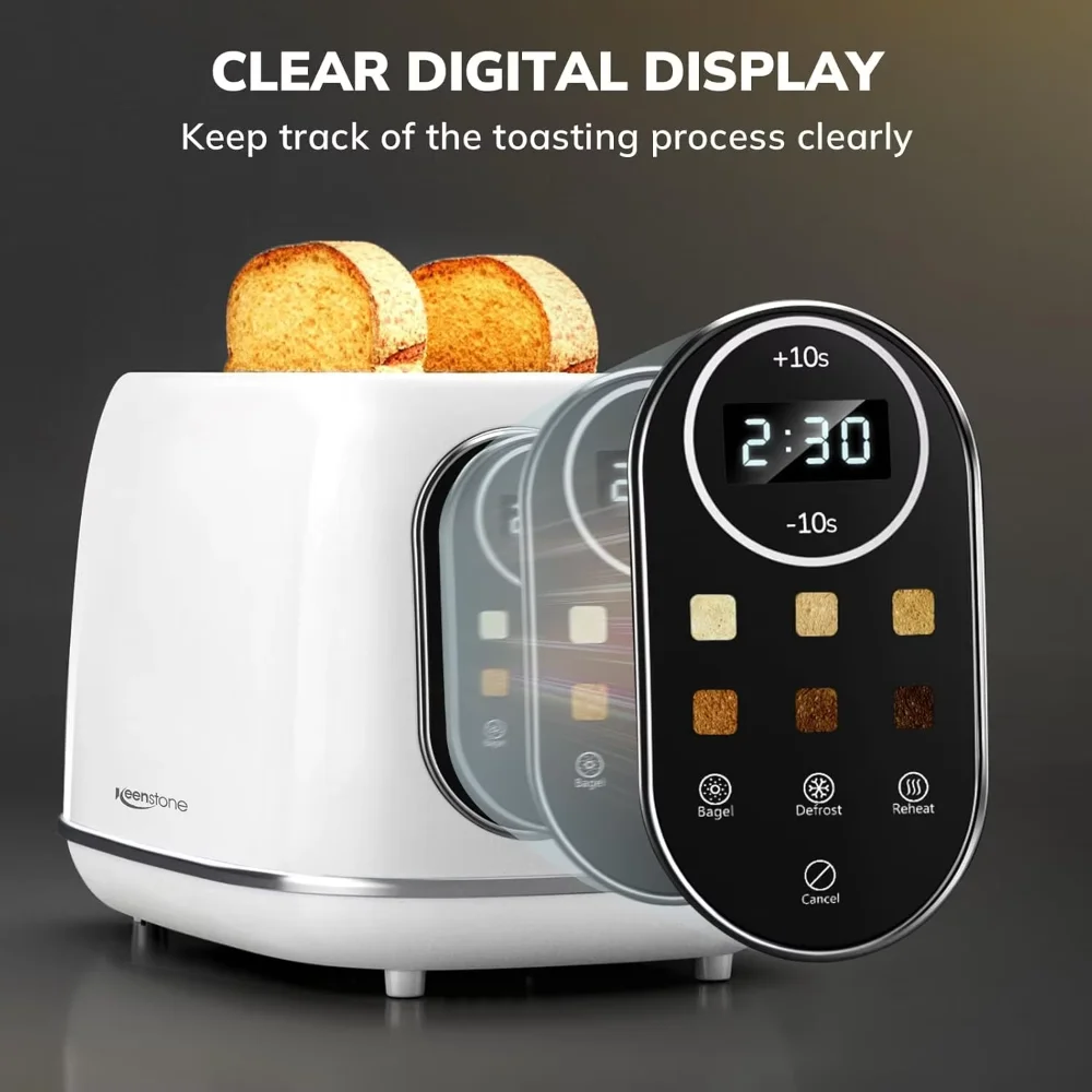 Smart Touch Screen Toaster 2 Slice,with 6 Browning Levels, Reheat & Defrost,for Bagel, Toast, Bread, Removable Crumb Tray, White