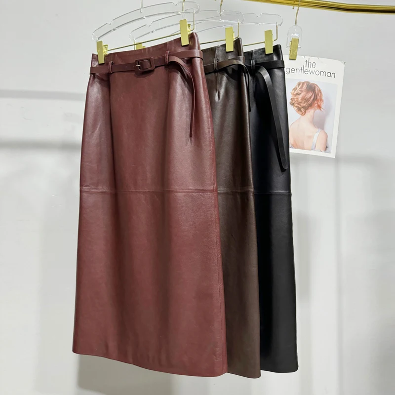 100% Genuine Leather First Layer Sheepskin Skirt for Women 2025 Spring Elegant Ladies High Waist Belt Split Long Straight Skirt