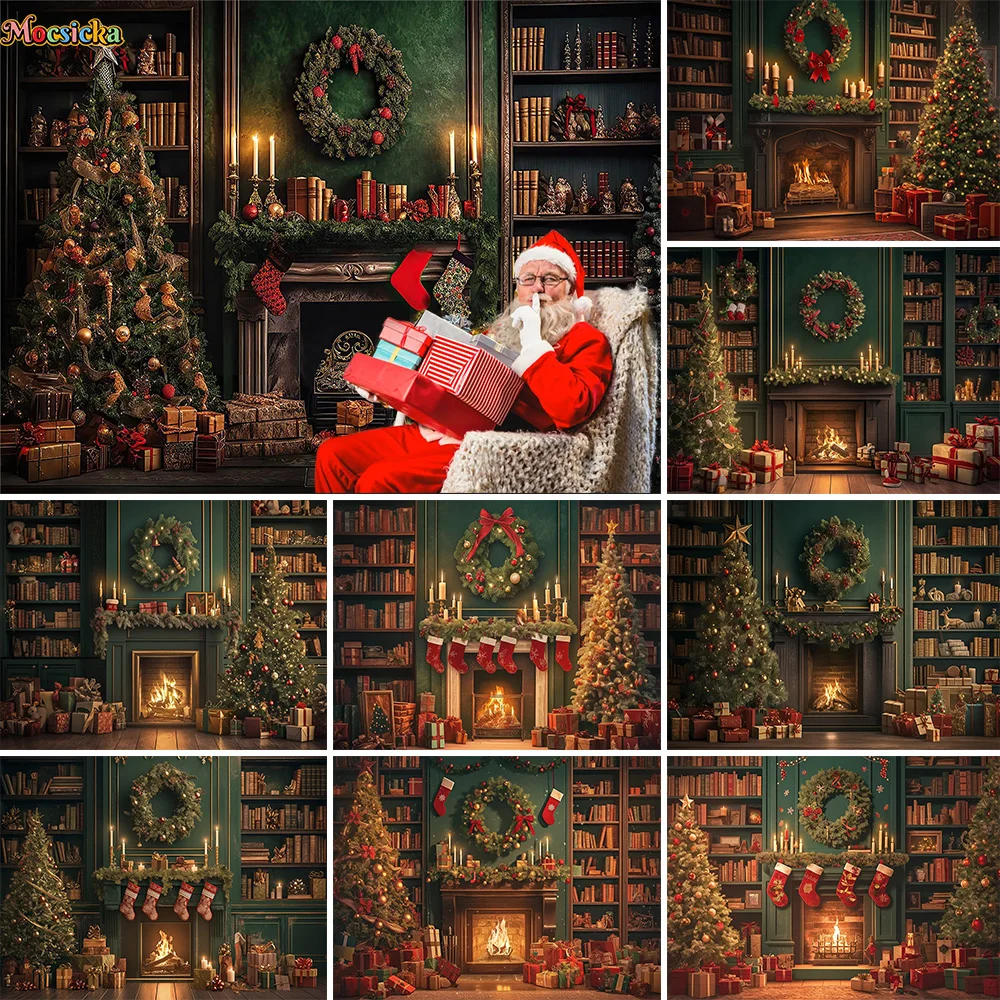 

Christmas Eve Fireplace Background Bookshelf Room Xmas Tree Candle Stocking Green Backdrop Decor Kids Holiday Gift Box Photocall