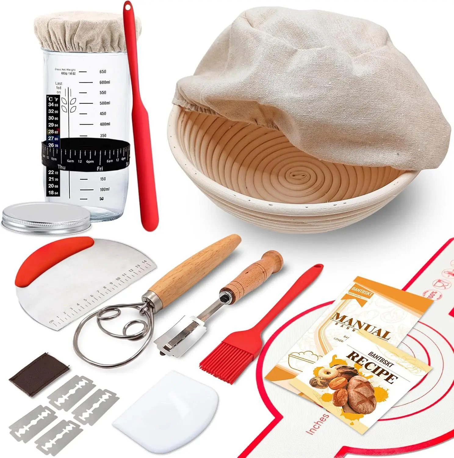 Kit Completo de Herramientas para Panificación de Pan de Levadura con Banneton de Ratán, que Incluye Cesta de Fermentación, Batidor, Raspadores, Plantillas y Herramientas para Hornear Pan