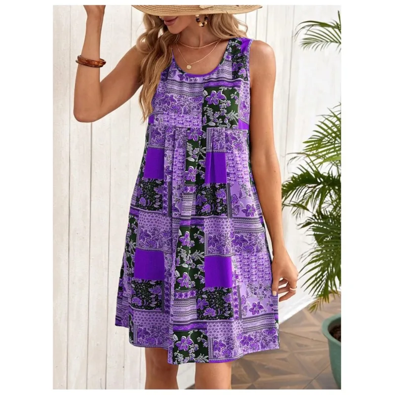 2024 Loose Midi Spring/Summer New Women's Casual Women's Fashion Printed U-shaped Collar Sleeveless Tank Top Hooded A-line Dress