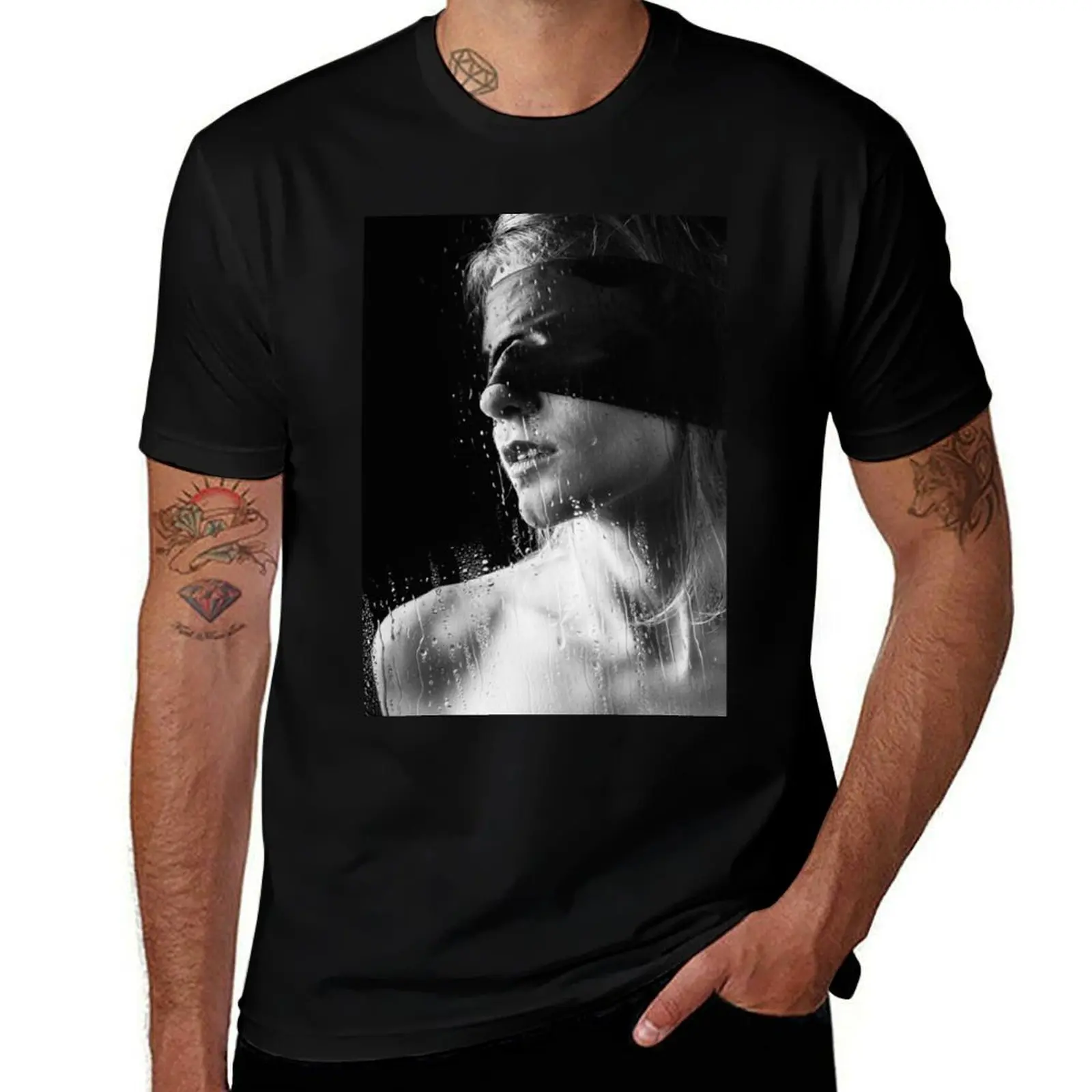 Raindrops - Blindfolded woman behind a window #A8356 T-Shirt anime t shirts oversize T-Shirt