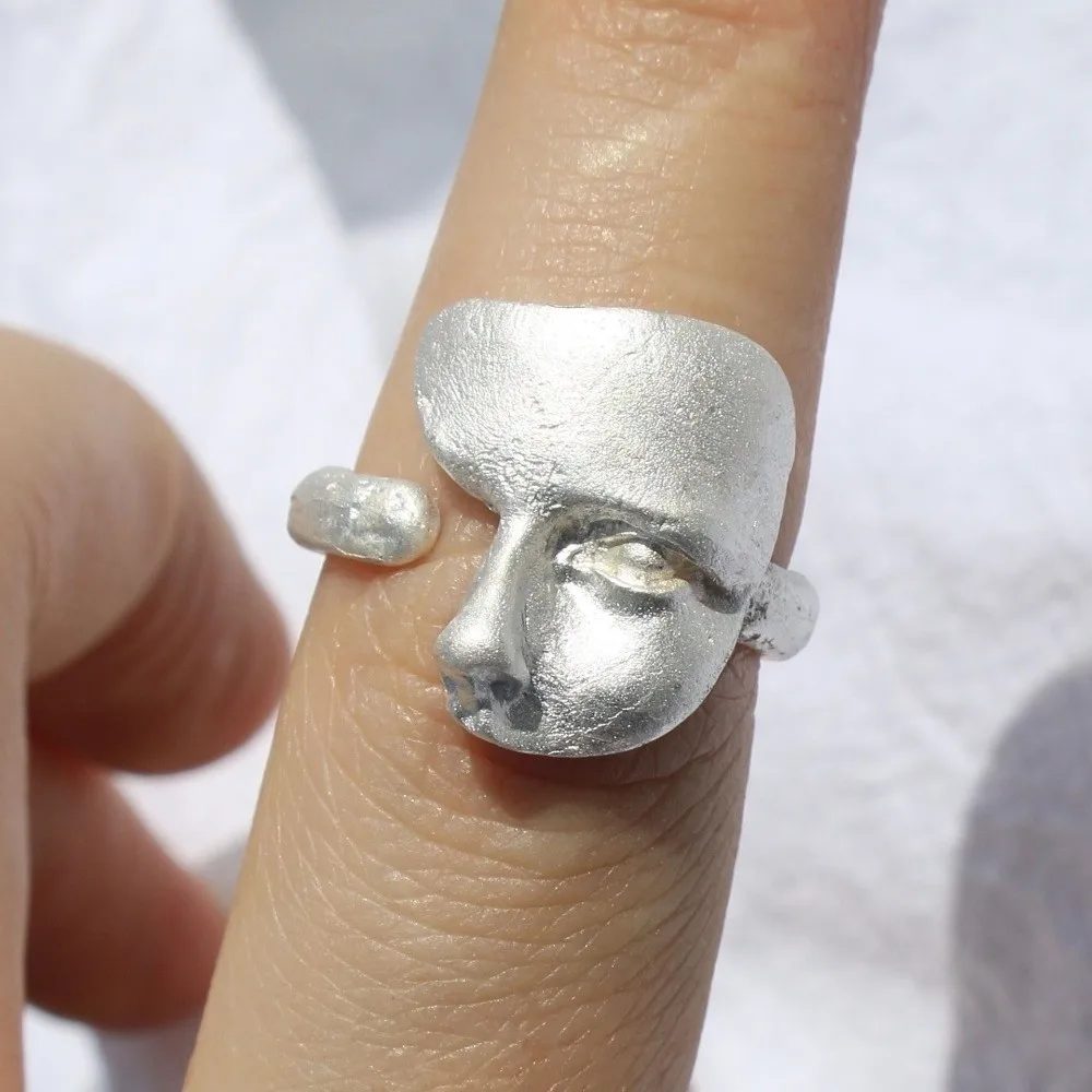 Unique Mystical Masked Face Ring Adjustable Vintage Open Rings Metal Silver Color David Sculpture Goth Style Ring
