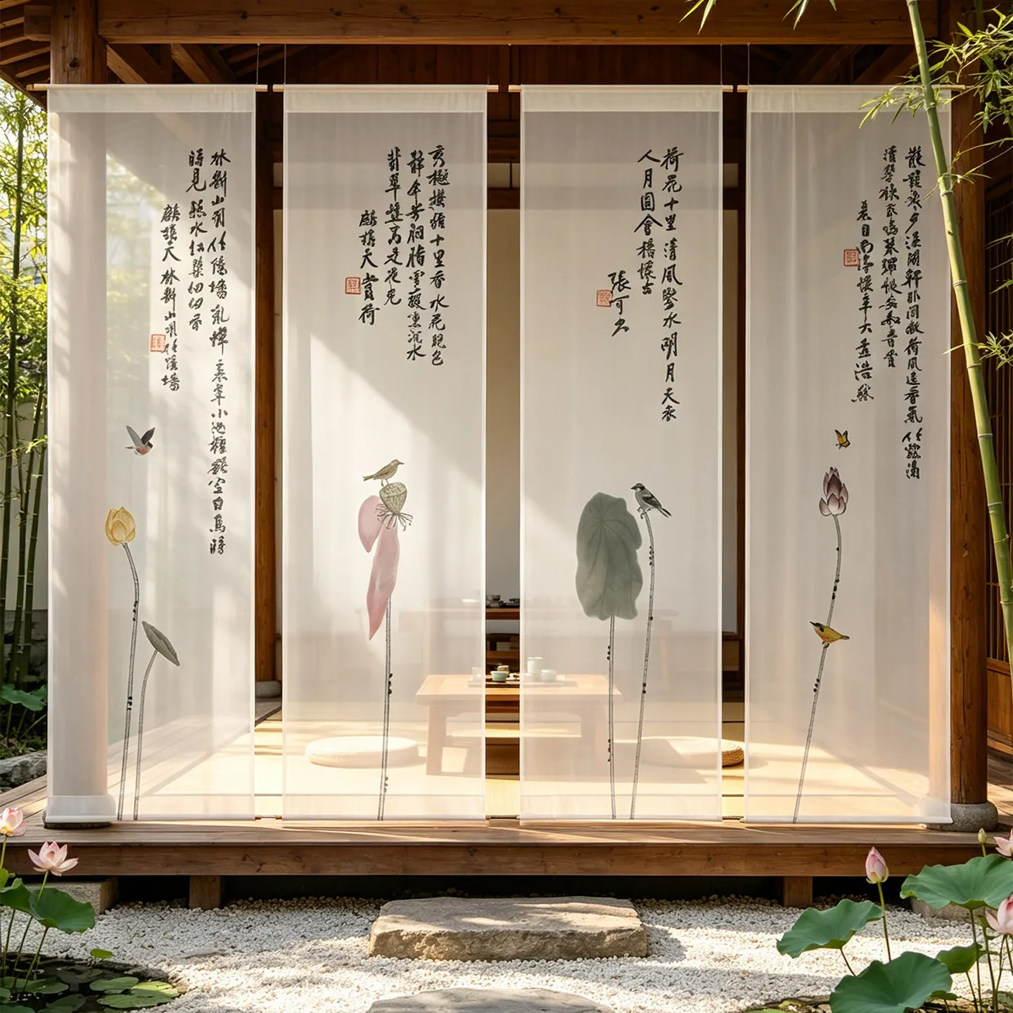 Ink Lotus Hanging Room Divider – Semi Transparent Chiffon Curtain for Zen Tea Room, Meditation Space & Garden Backdrop