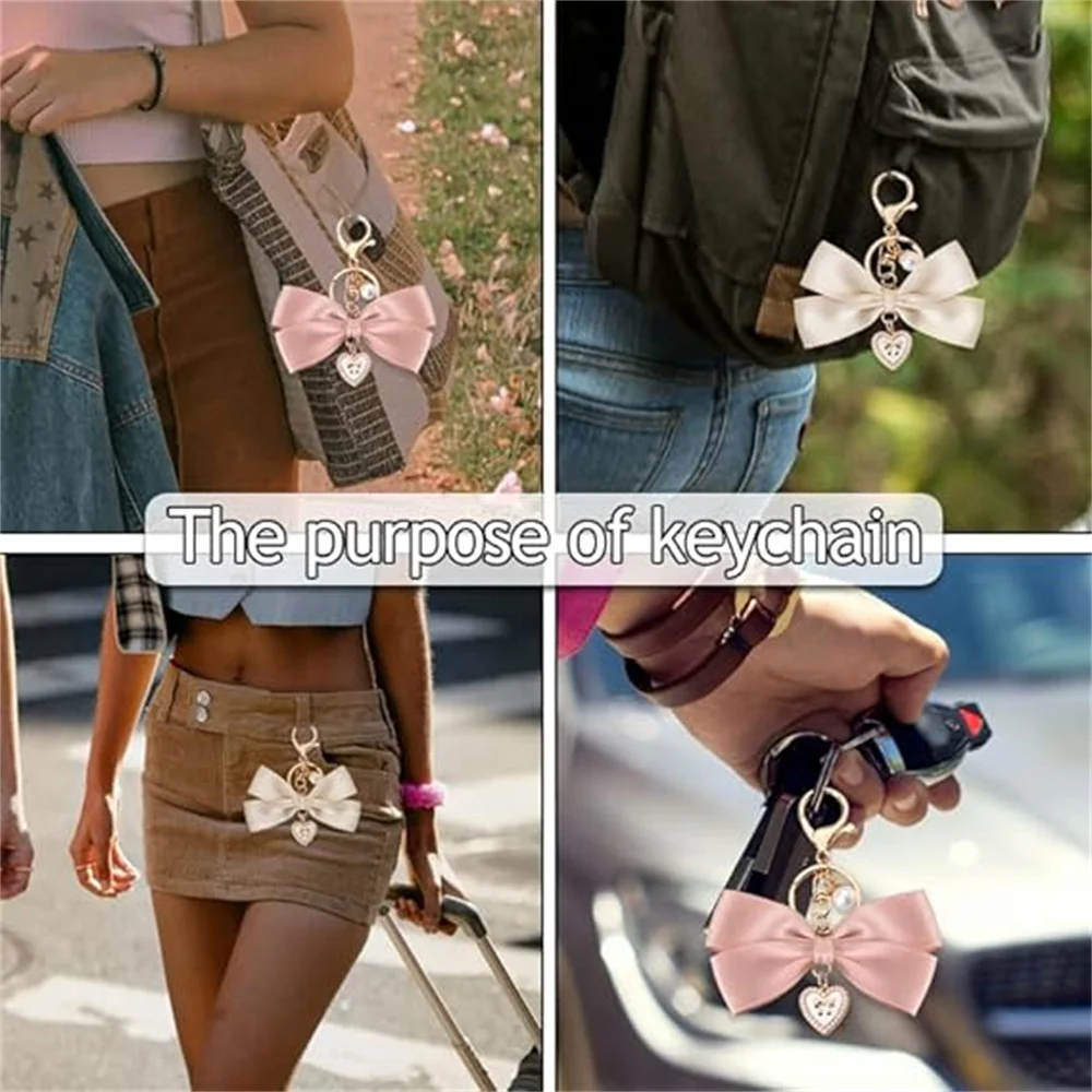 Fashion Love Heart Ribbon Bowknot Keychain Cute Pearl Hanging