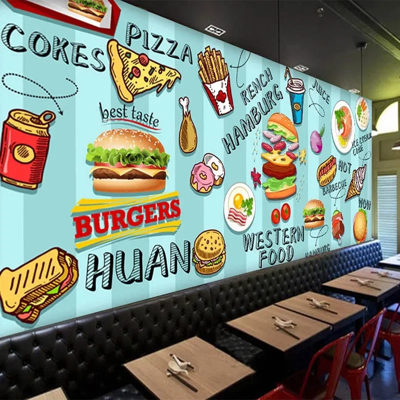 Custom 3D Wallpaper Hand-painted Hamburg Fast Food Restaurant Snack Bar Background Wall Decor Photo Murals Personality Wallpaper