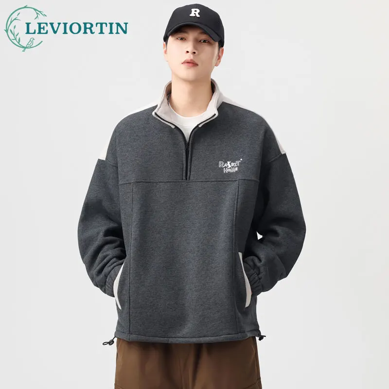 

Japanese retro stand up collar pullover, warm fleece sweatshirt, men's patchwork embroidery design, loose casual sportswear