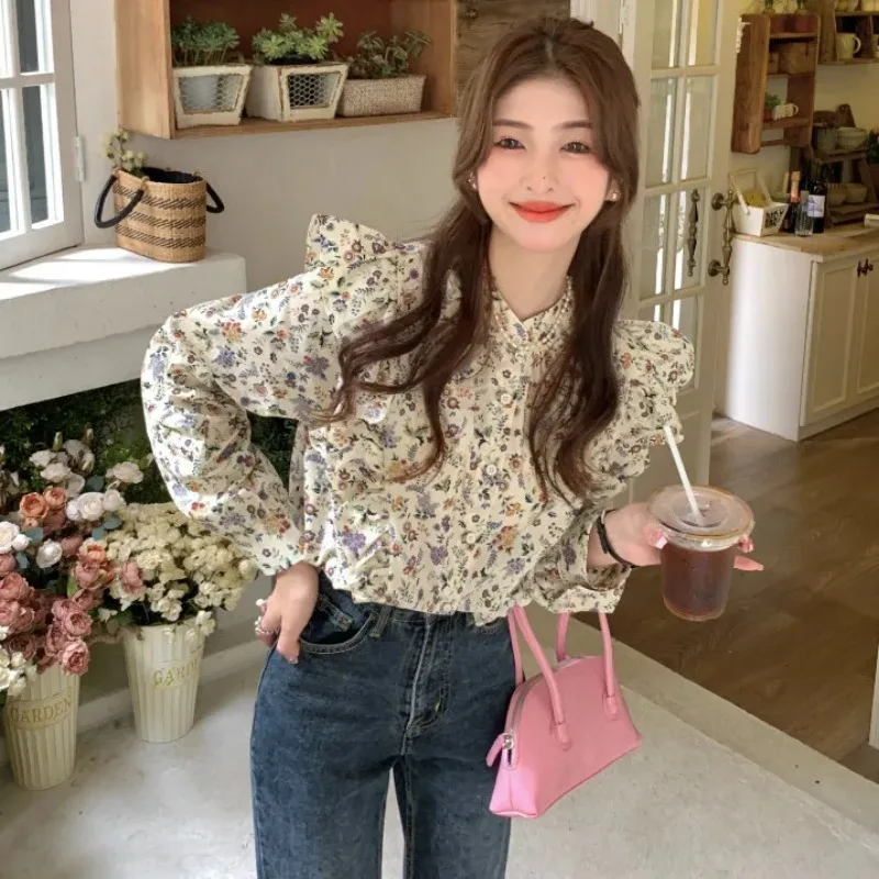 Camisa Floral de manga larga otoño nuevo francés dulce mujer Top suelto