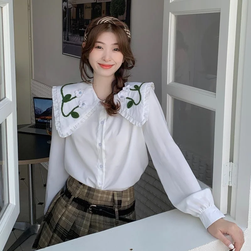 

Элегантная женская рубашка с вышивкой цветов и воротником-стойкой, с длинным рукавом, омолаживающая, повседневная, свободного кроя, из полиэстера, для ежедневной носки