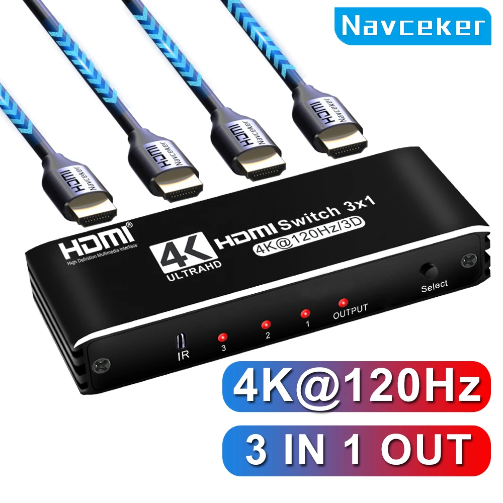 Navceker HDMI 2.1 Switcher 8K 60Hz 4K120Hz HDMI-compatible Switch 3 in 1 Out with Remote Control Converter For Xbox PS5 Monitors