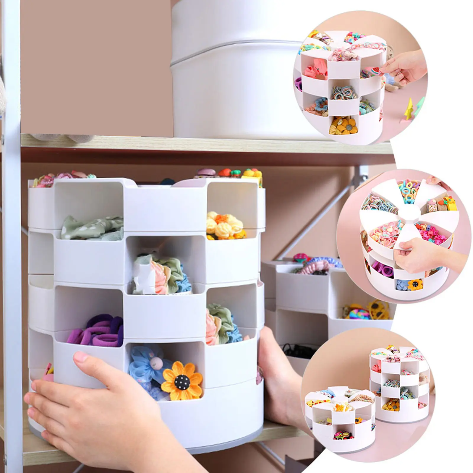 

Белый органайзер для аксессуаров для волос для детей с вращающимся многосекционным дизайном, вместительный футляр для хранения заколок и украшений